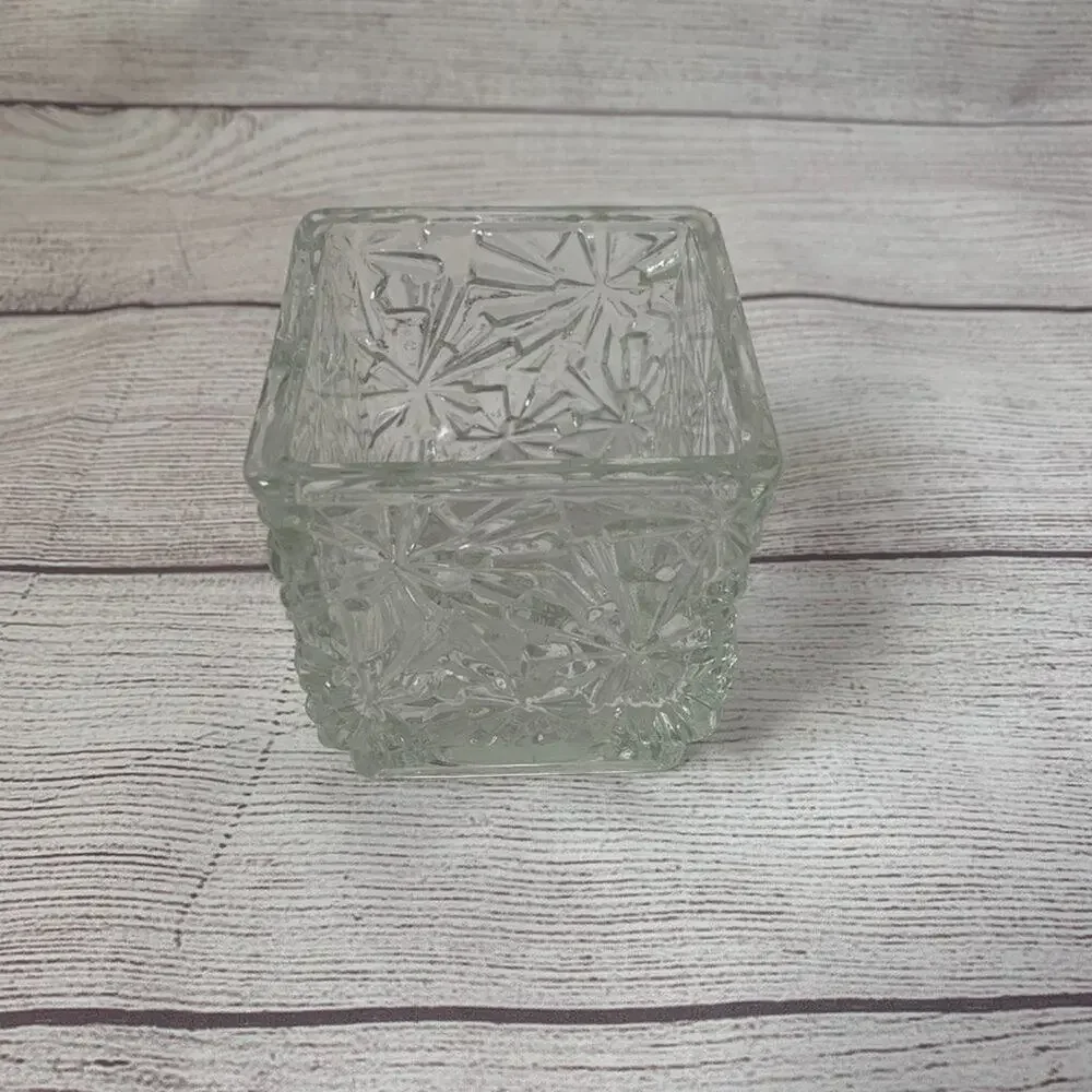 Vintage Avon Square Crystal Glass Candle Holder Diamond Cut Snowflake 3 3/4